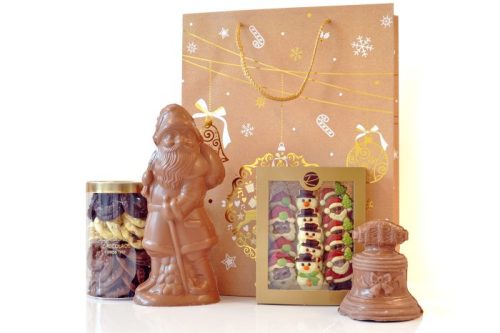 Cadeautas groot met Kerstman, Kerstklok, doosje Kerstkopjes en klok