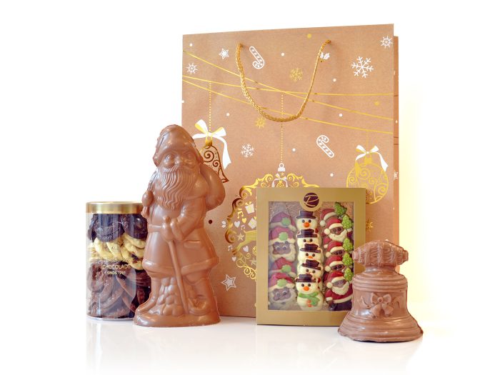 Cadeautas groot met Kerstman, Kerstklok, doosje Kerstkopjes en klok