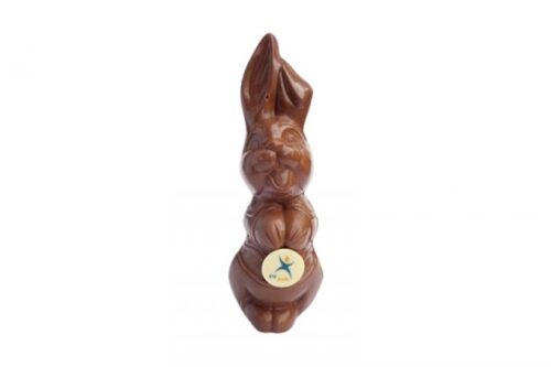 Lachende Paashaas holfiguur met logo