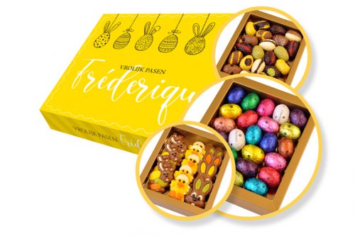 Cadeaubox Pasen geel met 3 keuzes Paaschocolade
